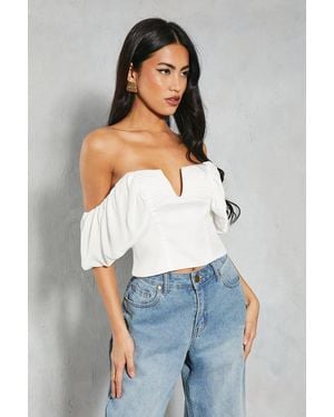 MissPap Textured Satin Pleated Bust Frill Bardot Top - White