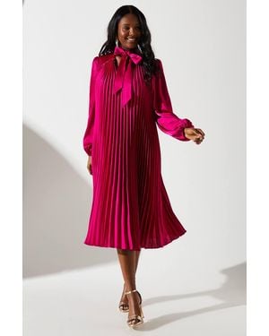 Coast Satin Pleated Tie Neck Volume Dress - Red