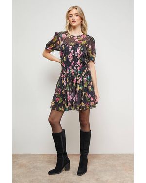 Oasis Printed Dobby Shirred Bodice Mini Dress - Black