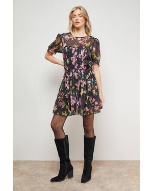 Oasis Printed Dobby Shirred Bodice Mini Dress - Black