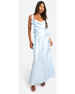 boohoo satin frill strap maxi dress Pink Satin Frill Strap Maxi Dress
