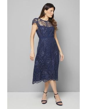 Wallis Embroidered Mesh Fit And Flare Midi Dress - Blue
