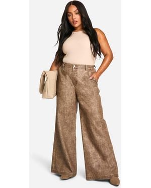 Boohoo Plus High Waisted Washed Pu Wide Leg Trouser - Brown