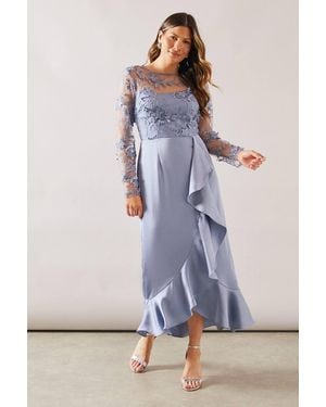 Wallis Occasion Satin And Mesh Overlay Ruffle Maxi Dress - Blue