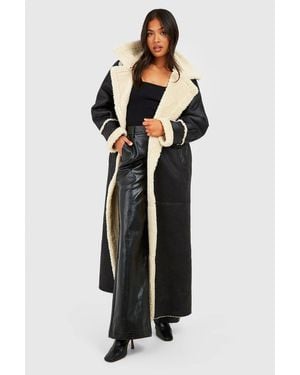 Boohoo Petite Vintage Look Maxi Aviator Coat - Black