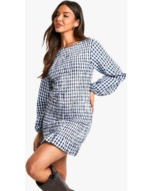 Boohoo Gingham Shirred Long Sleeve Mini Dress - Blue
