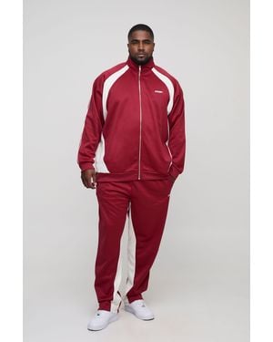 BoohooMAN Plus Tricot Color Block Regular Fit Funnel Neck Tracksuit - Red