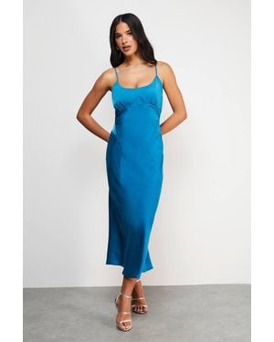 Warehouse Satin Tie Bust Seam Strappy Midi Slip Dress - Blue