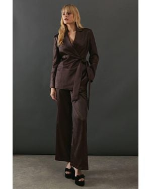 Warehouse Crackled Satin High Waisted Wide Leg Trouser - Black