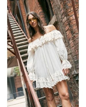 Nasty Gal Cotton Embroidered Lace Ruffle Bardot Tie Front Mini Dress - Brown