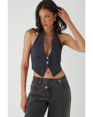 MissPap Button Front Halterneck Denim Top - Black