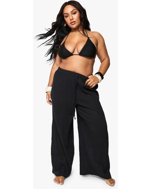 Boohoo Plus Crinkle Cotton Beach Trousers - Negro