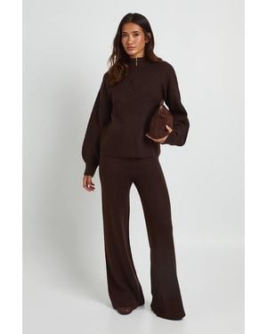 Boohoo Super Soft Zip Neck Oversized Sweater And Wide Leg Trouser Co-Ord - Brown