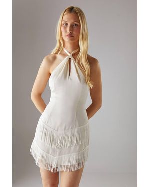Warehouse Hen Satin Crinkle Fringe Knot Halter Mini Dress - White