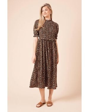 Dorothy Perkins Puff Sleeve Leopard Shirred Bodice Peplum Jersey Midi Dress - Natural