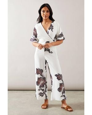 Wallis Petite Scallop Trim Printed Wrap Wide Leg Jumpsuit - Natural