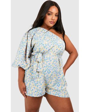Boohoo Plus Woven Ditsy Floral One Shoulder Belted Playsuit - Blue