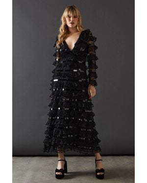 Warehouse Premium Lace Sequin Frill Tier Plunge Neck Maxi Dress - Black