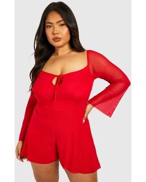 Boohoo Plus Mesh Tie Detail Flared Sleeve Floaty Romper