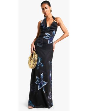 Boohoo Flower Print Trim Maxi Dress - Blue