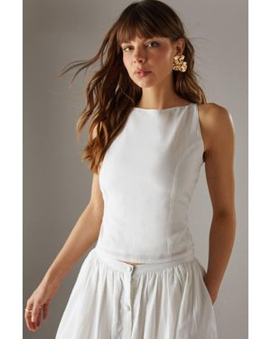 Warehouse Premium Linen Blend Racer Cross Back Crop Top - Gray