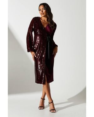 Coast Party Sequin Long Sleeve Velvet Wrap Dress - Red