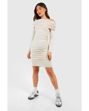 Boohoo Assymetric Ruched Long Sleeve Mini Dress - White