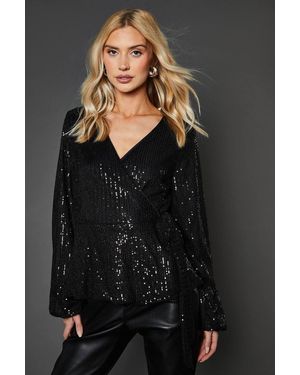 Dorothy Perkins Sequin Tie Waist Wrap Top - Black