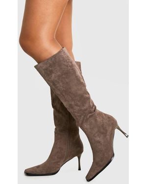 Boohoo Faux Suede Pointed Toe Heeled Knee High Boots - Brown