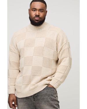 BoohooMAN Plus Oversized Check Funnel Neck Knitted Sweater - Natural