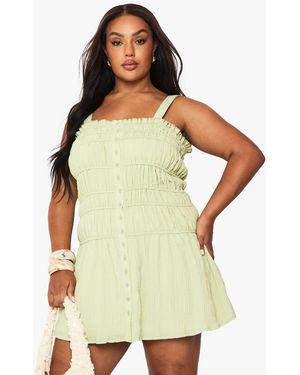 Boohoo Plus Strappy Shirred Skater Dress - Green