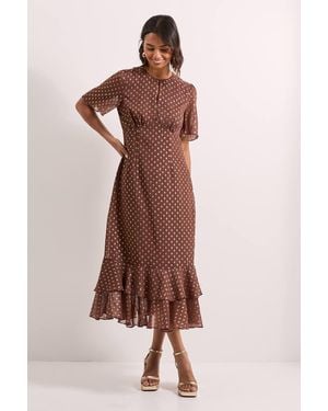 Dorothy Perkins Dp Luxe Metallic Spot Chiffon Ruffle Hem Midi Dress - Brown