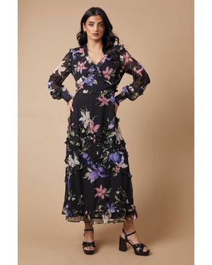 Oasis Floral Printed Ruffle Midaxi Dress - Black