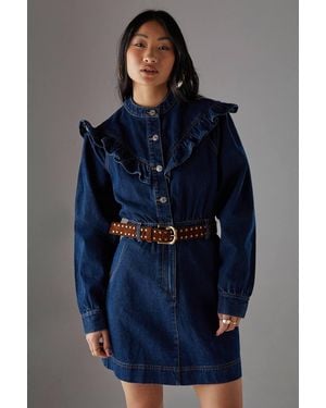 Warehouse Petite Denim Frill Yoke Relaxed Mini Shirt Dress - Blue