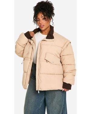 Boohoo Plus Contrast Collar Oversized Puffer Jacket - Natural