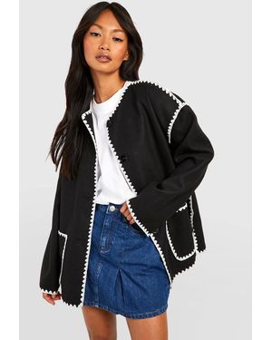 Boohoo Contrast Blanket Stitch Wool Look Jacket - Blue