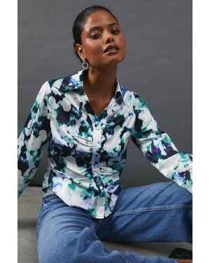 Warehouse Floral Satin Ruched Front Shirt - Gray