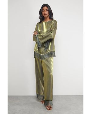 Warehouse Satin Fringe Hem High Waisted Trouser - Green
