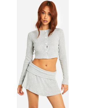 Boohoo Brushed Rib Cardigan And Mini Skirt Set - White