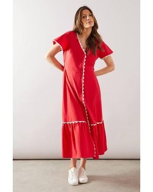 Wallis Linen Trim Detail Buttoned Midi Dress - Red