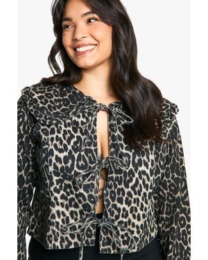 Boohoo Plus Collar Detail Leopard Bow Front Jean Jacket - Black