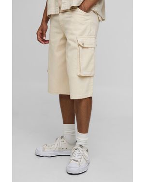 BoohooMAN Longline Cargo Denim Jorts - Natural