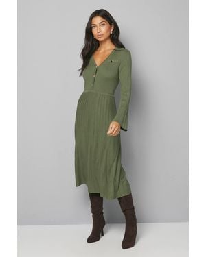 Wallis Statement Button Pleated Knitted Dress - Green
