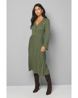 Wallis Statement Button Pleated Knitted Dress - Green