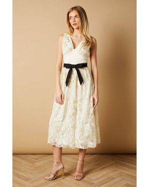 Oasis Floral Bow Detail V Neck Midi Dress - Natural