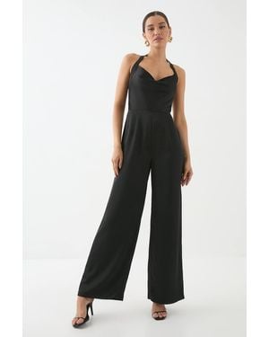 MissPap Satin Cowl Halter Neck Jumpsuit - Black