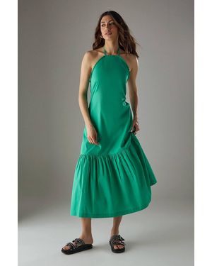 Warehouse Poplin Crochet Trim Drop Waist Midi Sundress - Green