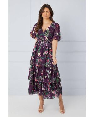 Wallis Floral Print Ruffle Midi Dress - Purple