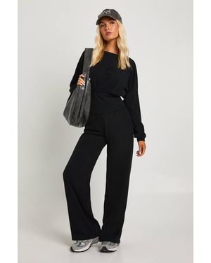 Boohoo Brushed Micro Rib Cinched Waist Long Sleeve Top And Trouser Co Ord - Black