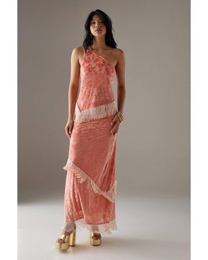 Warehouse Devore Fringe Detail Midi Skirt - Pink